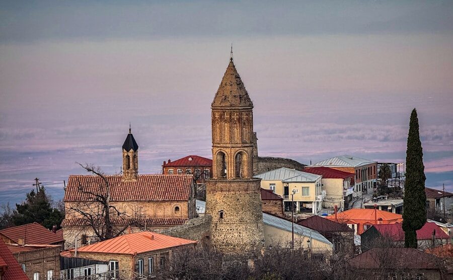 a view of a city with a mountain in the background