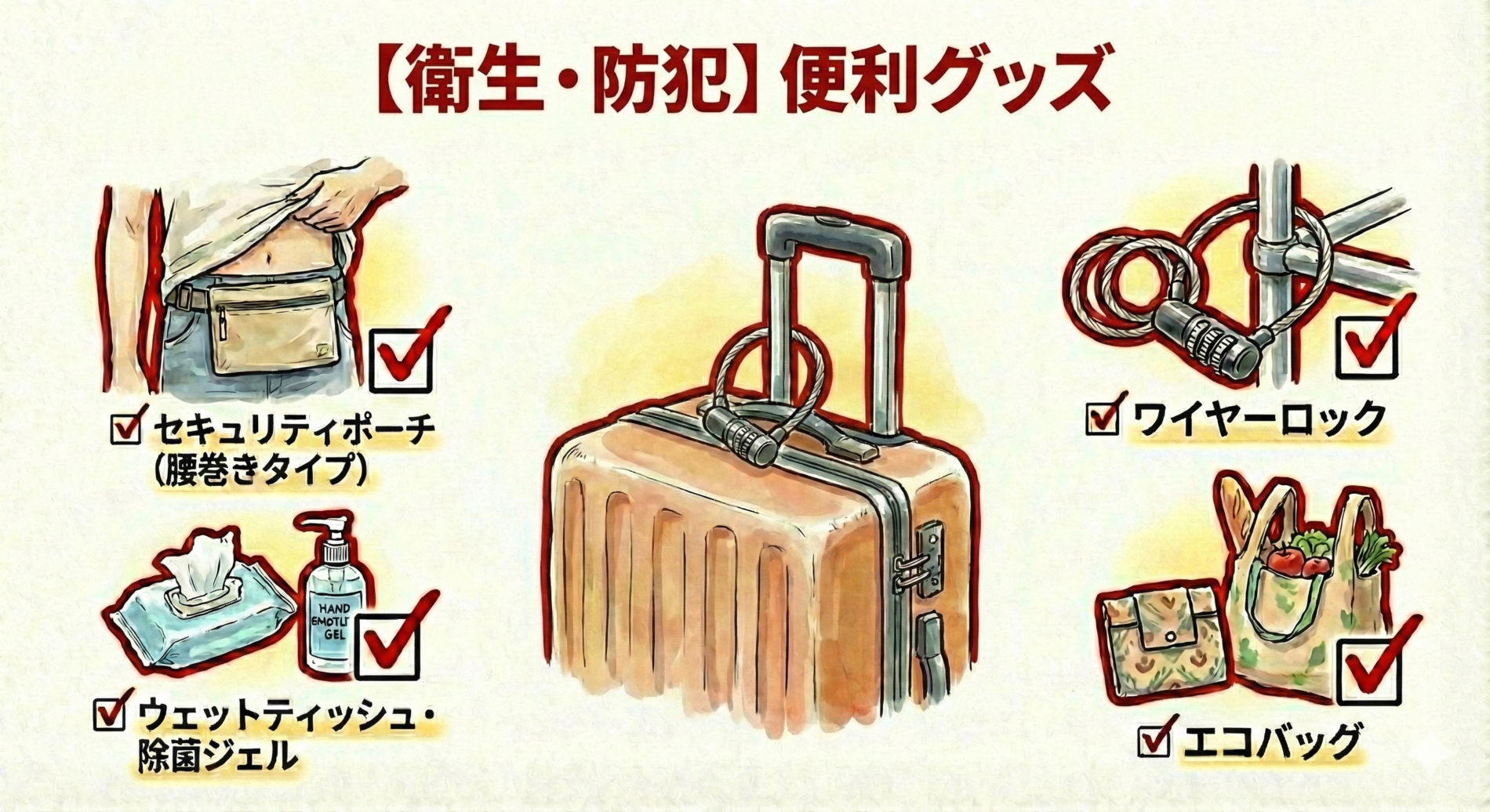腹巻きタイプのポーチ、除菌ジェル、ワイヤーロック、エコバッグはあると便利。