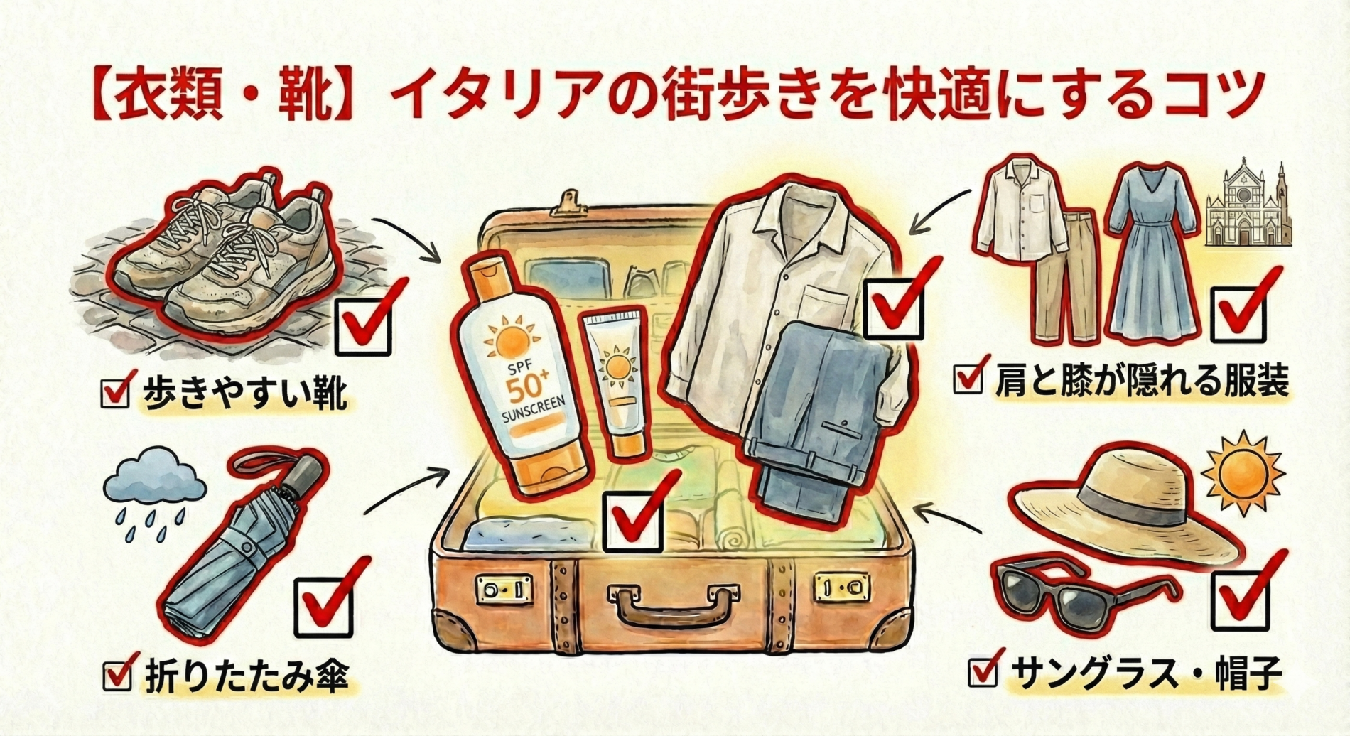 快適グッズは履き慣れたスニーカー、サングラスに帽子、折りたたみ傘、肩が隠れるショールなど。