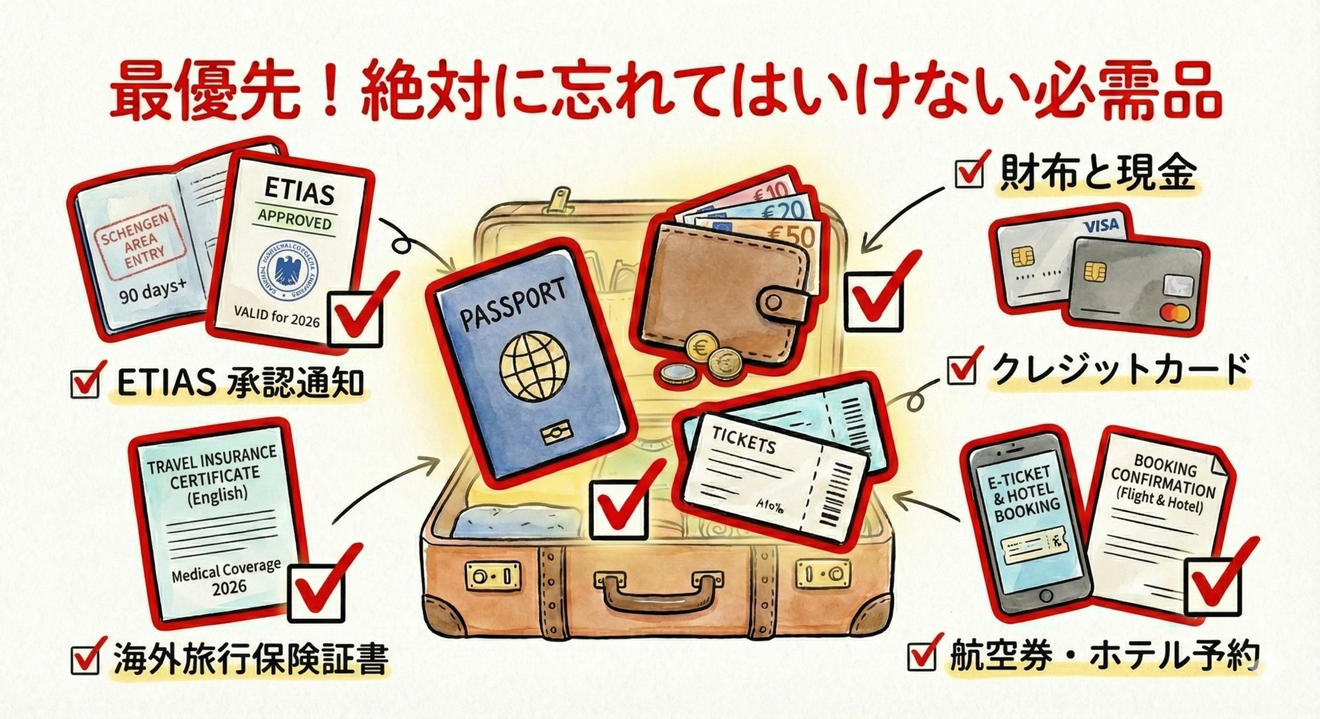 絶対に忘れちゃダメな物はパスポート、eチケット、海外旅行障害保険証、財布・現金・クレカです。