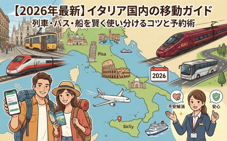 2026年最新、イタリア国内の移動ガイド。列車・バス・船を賢く使い分けるコツと予約術。