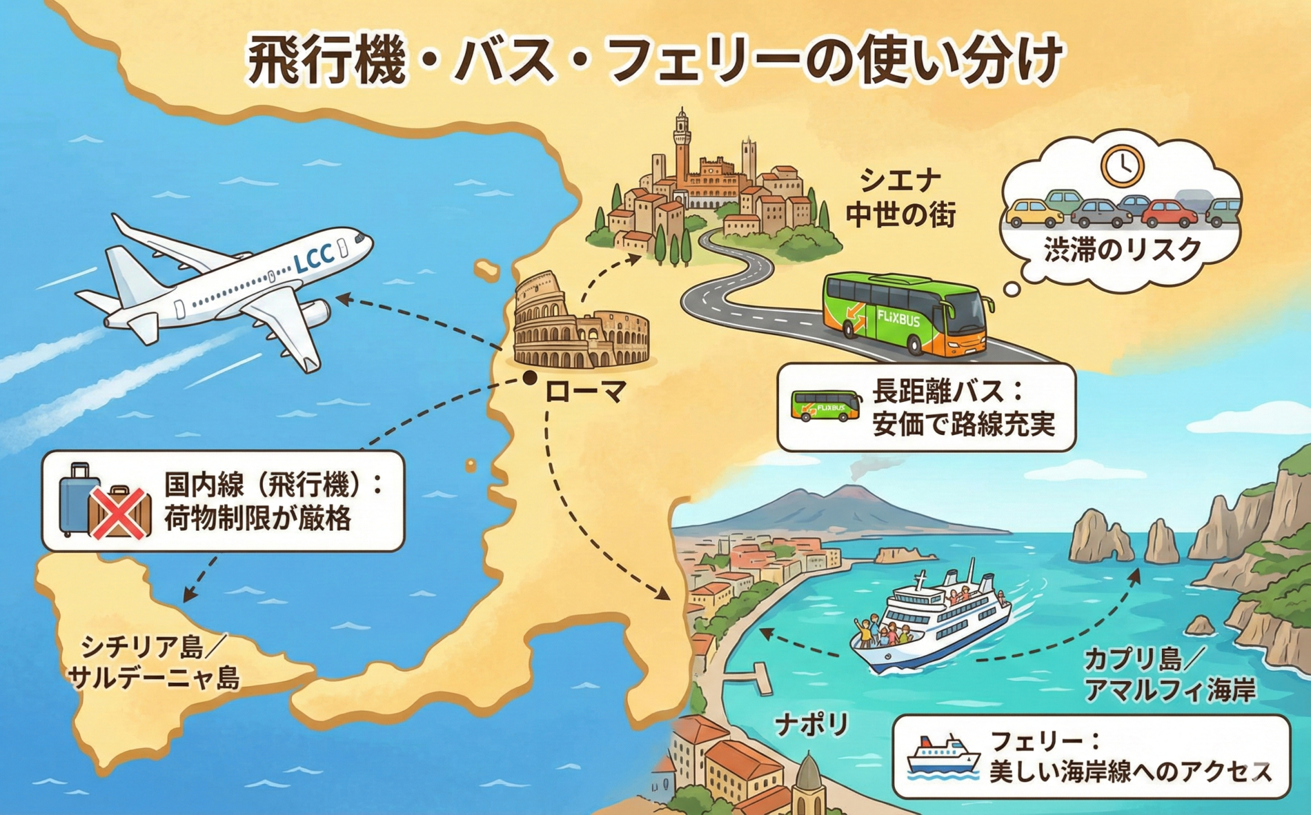イタリア旅行の賢い飛行機・バス・フェリーの使い分け方法。