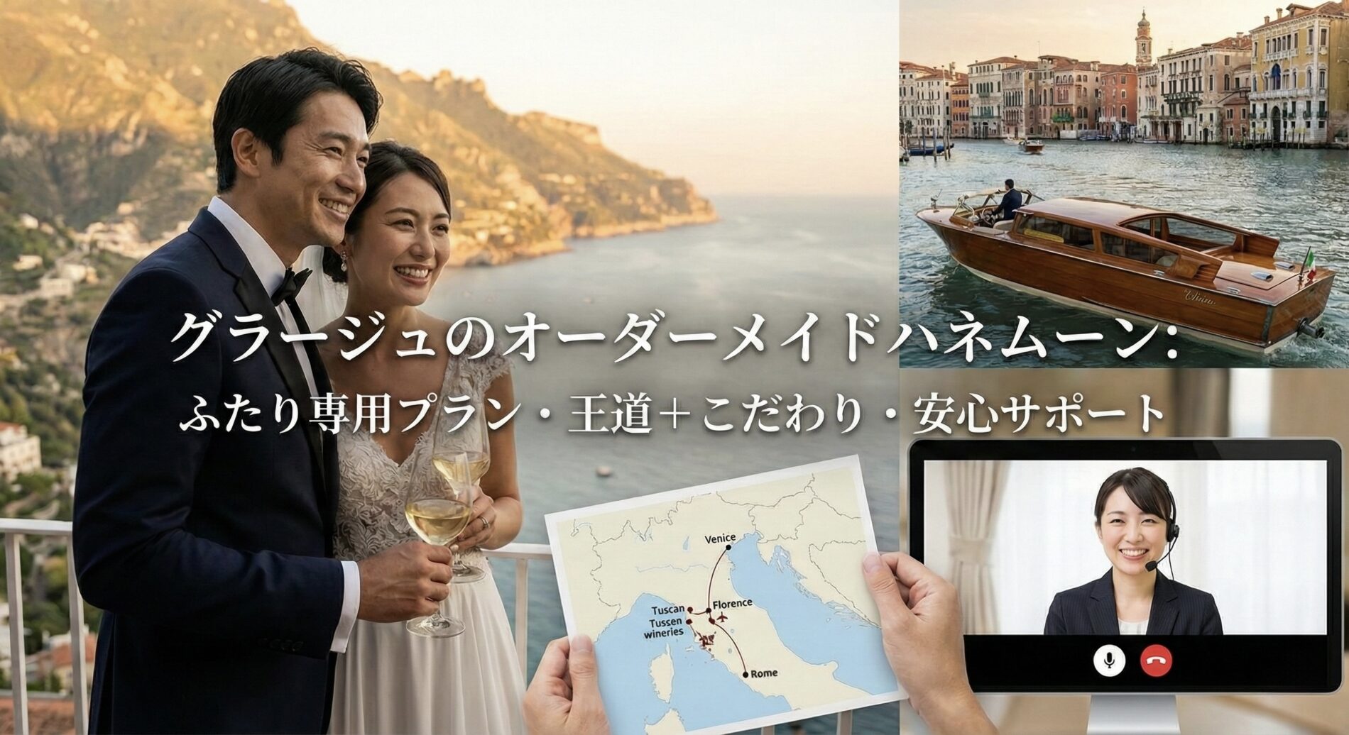 グラージュのオーダーメイドハネムーンは「お二人専用、王道+こだわり、安心サポート」でパッケージツアーより充実対応。