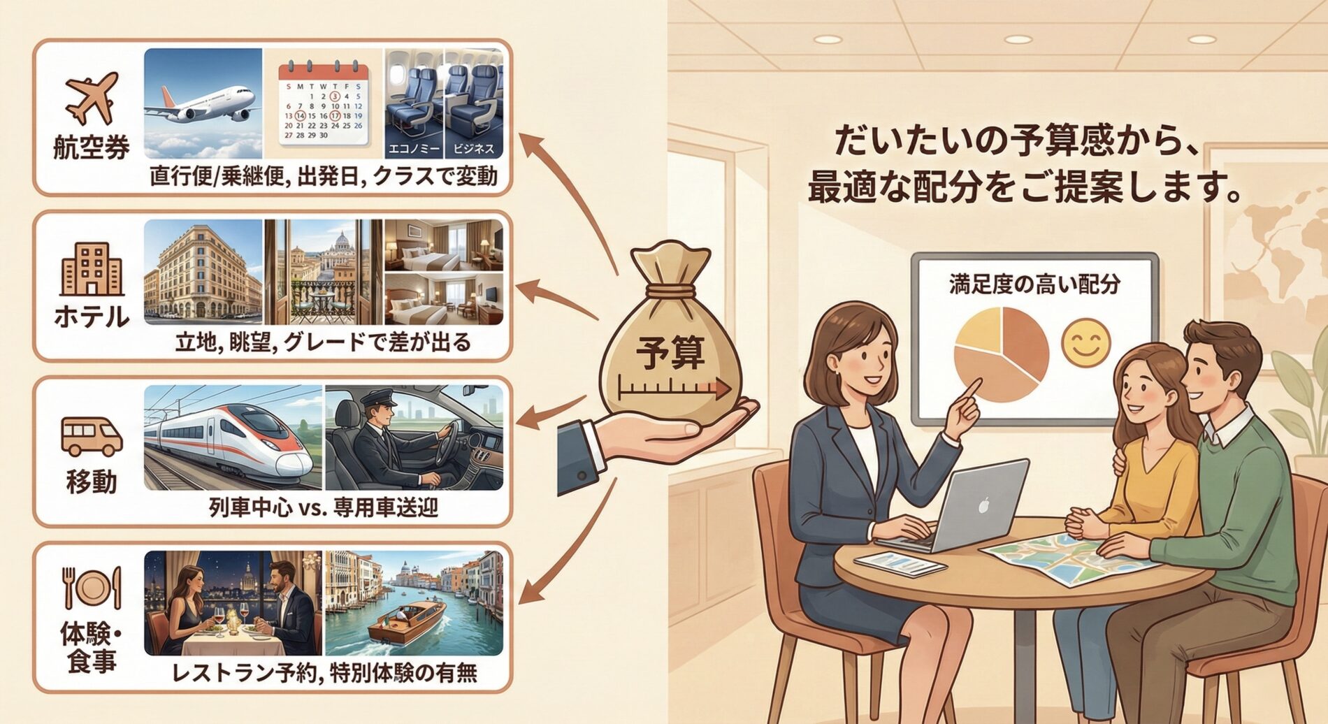 予算って?航空券、ホテル、移動、体験・食事の配分で決まる。オーダーメイドなら自由自在です。