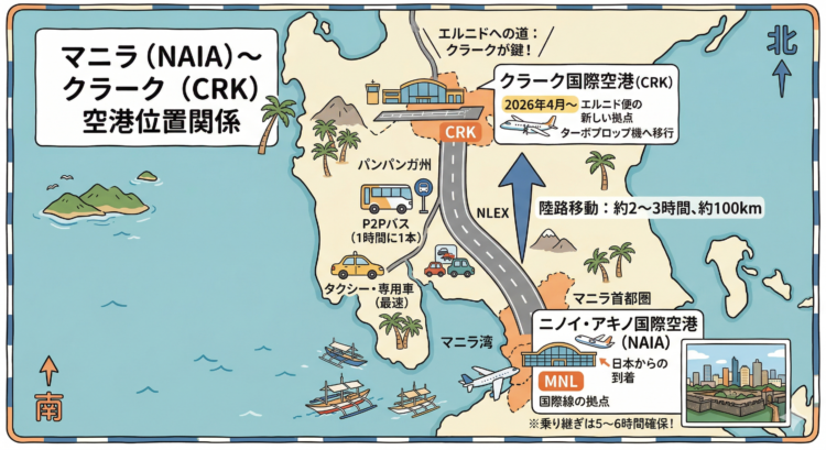 ニノイ・アキノ国際空港 (NAIA)からクラーク国際空港 (CRK)への移動イメージマップ。