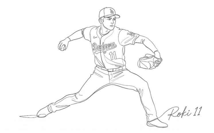 マウンドでの躍動感あふれる投球動作と、ドジャースのユニフォーム（背番号11）を纏った佐々木朗希の姿