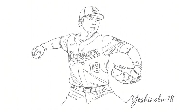 マウンドでのダイナミックな投球動作と、ドジャースのユニフォーム（背番号18）を纏った山本由伸の姿