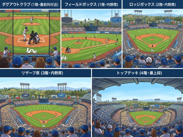 ドジャー・スタジアムにおける5つの主要エリアからの「試合の見え方」